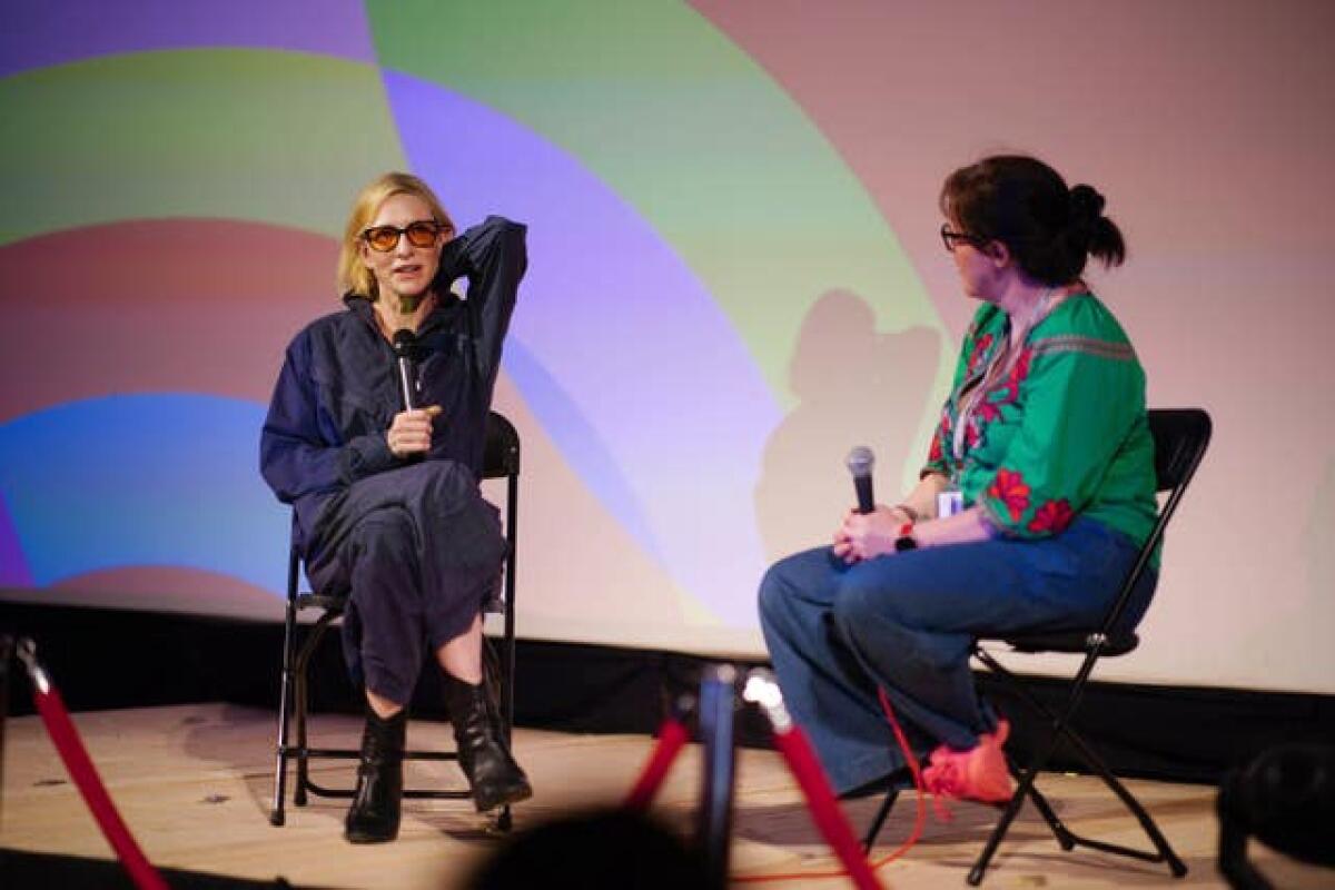 Cate Blanchett, left, in conversation on stage at the Pilton Palais during the Glastonbury Festival 
