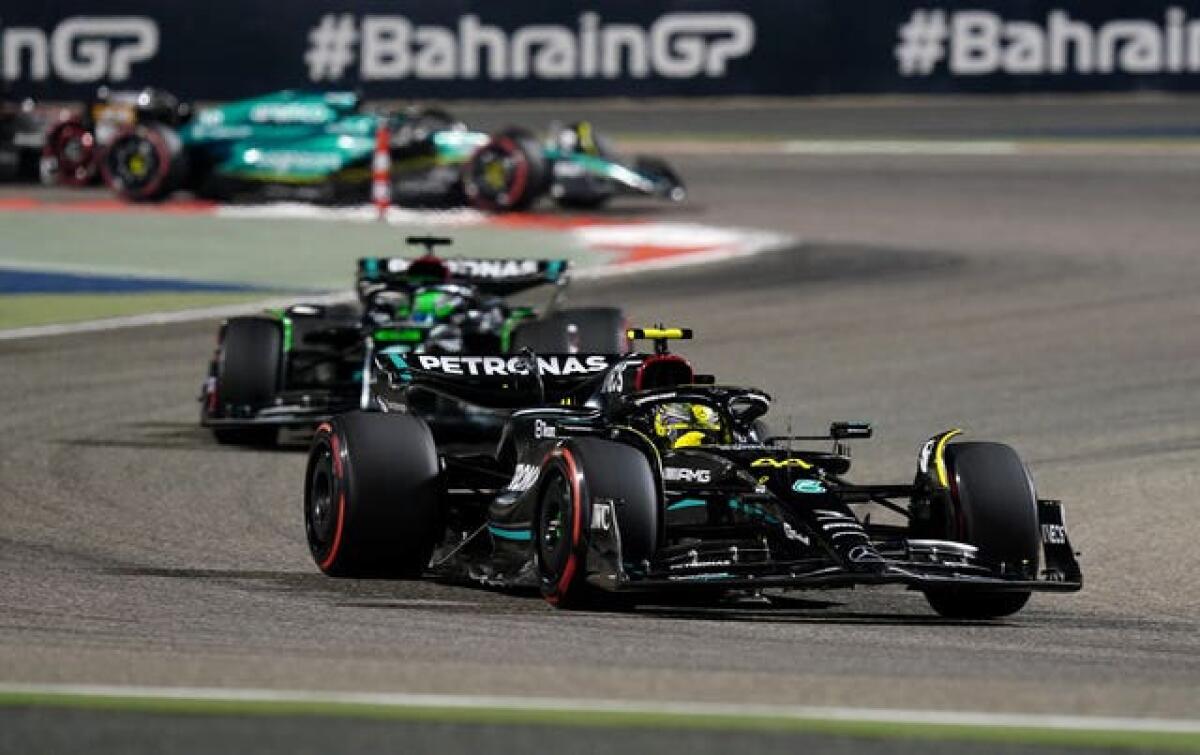 Mercedes’ Lewis Hamilton racing team-mate George Russell in Bahrain earlier this yearahrain Grand Prix – Race – Bahrain International Circuit