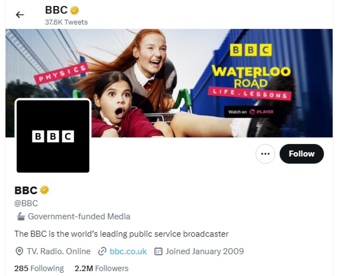 The BBC Twitter account is tagged 'government-funded media'
