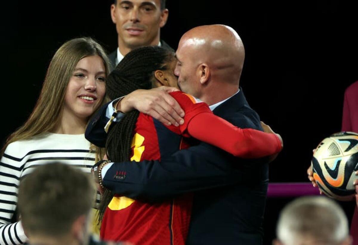 Rubiales - pictured embracing Spain player Salma Paralluelo at the medal ceremony in Sydney, has faced calls to resign