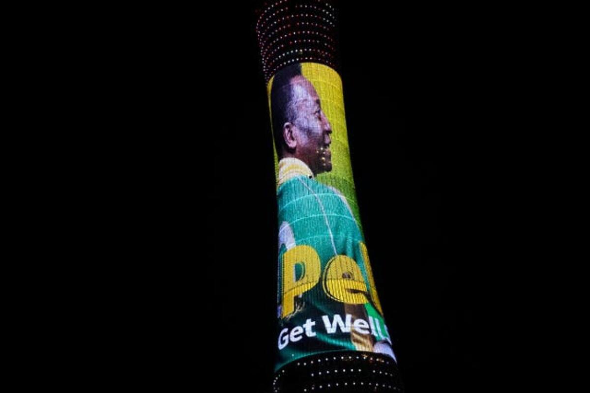 A message of support for Pele is displayed on the Aspire Tower outside the Khalifa International Stadium in Doha
