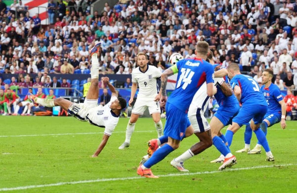 Jude Bellingham equalises for England against Slovakia in their last-16 clash at Euro 2024