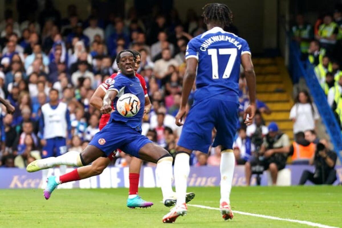 Axel Disasi, centre, scores Chelsea’s equaliser