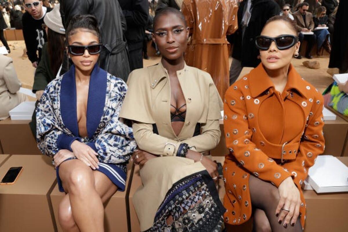 (L-R) Lori Harvey, Jodie Turner-Smith and Tessa Thompson front row at Off-White