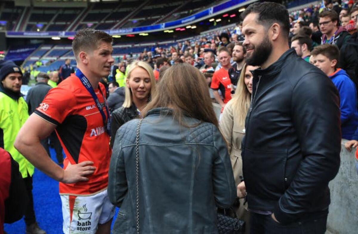 Andy Farrell, right, after watching Owen Farrell, left, win the 2017 European Champions Cup final with Saracens