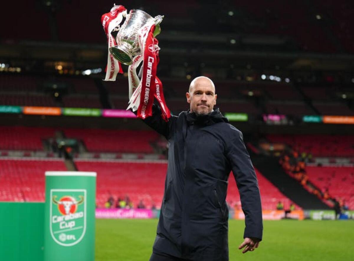 Manchester United manager Erik ten Hag lifts the Carabao Cup