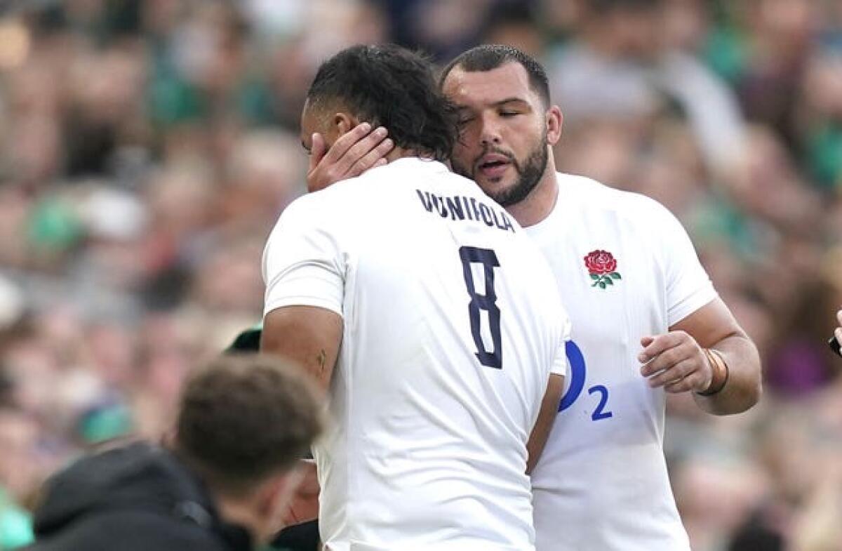 Billy Vunipola is consoled by Ellis Genge after seeing his yellow card upgraded to a red in Dublin 