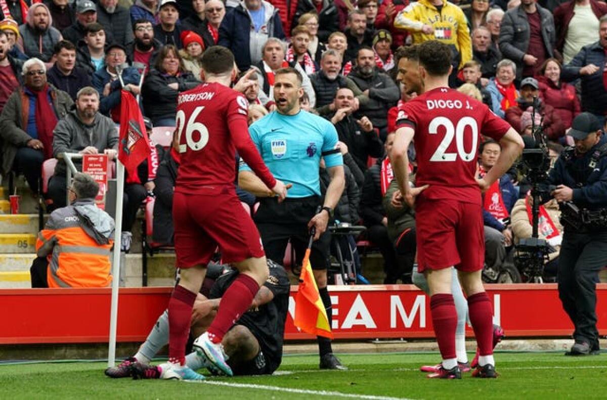Liverpool’s Andy Robertson appeals to assistant referee Constantine Hatzidakis during his side's 2-2 draw with Arsenal at Anfield. The pair hit the headlines after television footage suggested Hatzidakis appeared to elbow Robertson during a confrontation shortly after the half-time whistle. Hatzidakis was stood down during an FA investigation but, having spoken with and apologised to Robertson, was cleared of any wrongdoing. He returned to top-flight duty on April 30 for Manchester United's 1-0 win over Aston Villa at Old Trafford