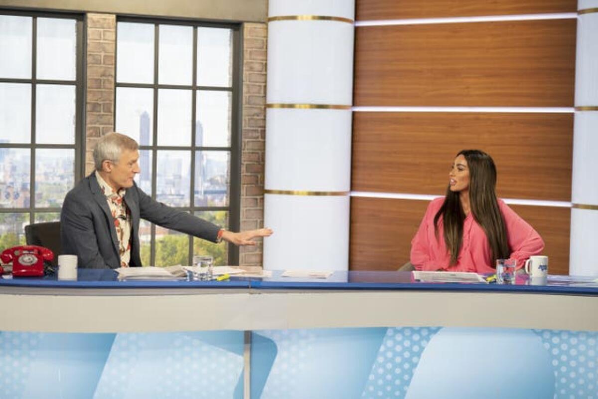 Jeremy Vine talks with Katie Price during her appearance on Jeremy Vine on 5, recorded at ITN studios in central London 