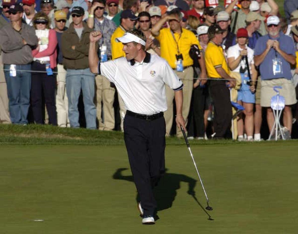 Europe's Luke Donald celebrates during the 2004 Ryder Cup