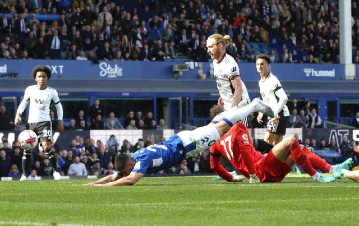 Everton forward Neal Maupay plunges head first into the turf during his side's 3-1 loss to Fulham. The Frenchman struggled to make an impact at Goodison Park following his summer move from divisional rivals Brighton during a difficult season for the Toffees. Everton sacked Frank Lampard in January and remained in relegation trouble until the final weekend of the season following the appointment of Sean Dyche