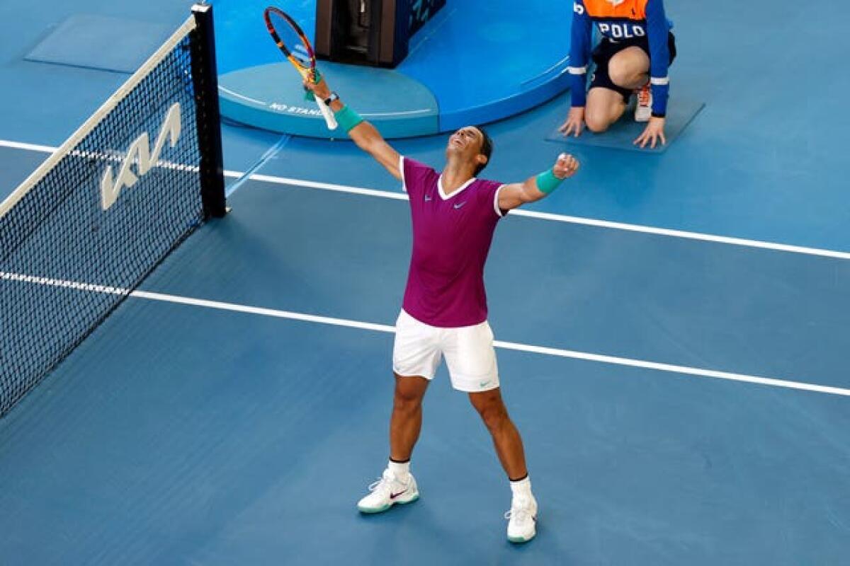 Rafael Nadal celebrates his battling victory
