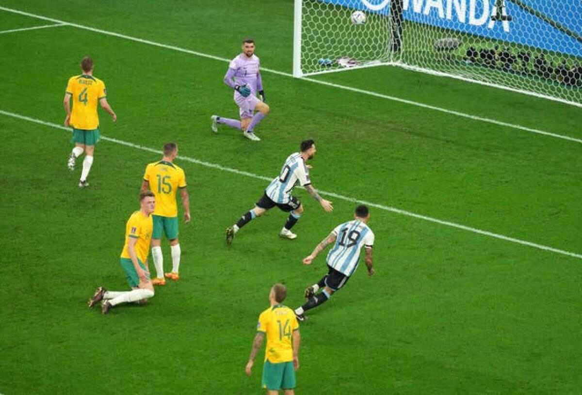 Messi scored his first goal in the World Cup knockout stages to give Argentina a first-half lead 