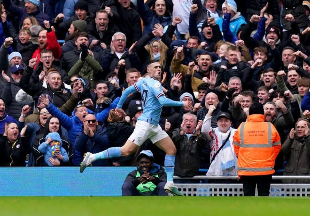 Manchester City’s Phil Foden celebrates after opening the scoring against Newcastle on Saturday