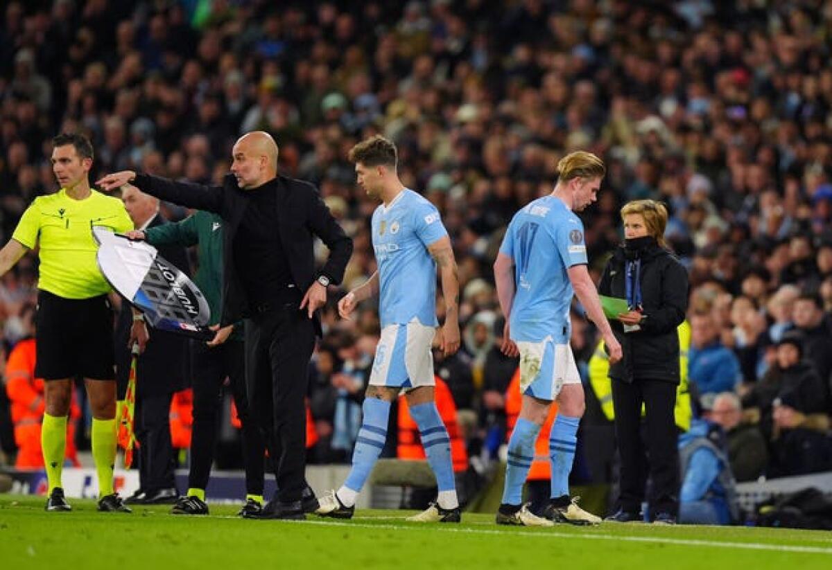 Kevin De Bruyne, right, is substituted during Manchester City's Champions League clash with Real Madrid