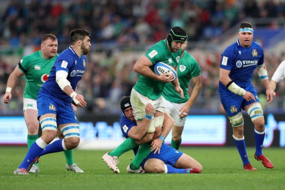 Caelan Doris, with ball, made his Test debut in Andy Farrell's first match as Ireland head coach and has become a world-class talent