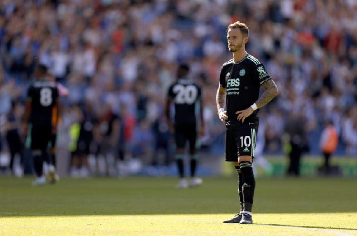 Leicester midfielder James Maddison appears dejected following his side's 5-2 defeat at Brighton in early September. The Foxes endured a miserable campaign and went into the final weekend requiring favours from elsewhere to avoid the drop. Brendan Rodgers departed the club by mutual consent in early April following ongoing criticism of his management from fans. Dean Smith was brought in to oversee the final eight games but managed just one win from the first seven to leave the club on the brink of falling into the Sky Bet Championship, seven years on from their shock title success