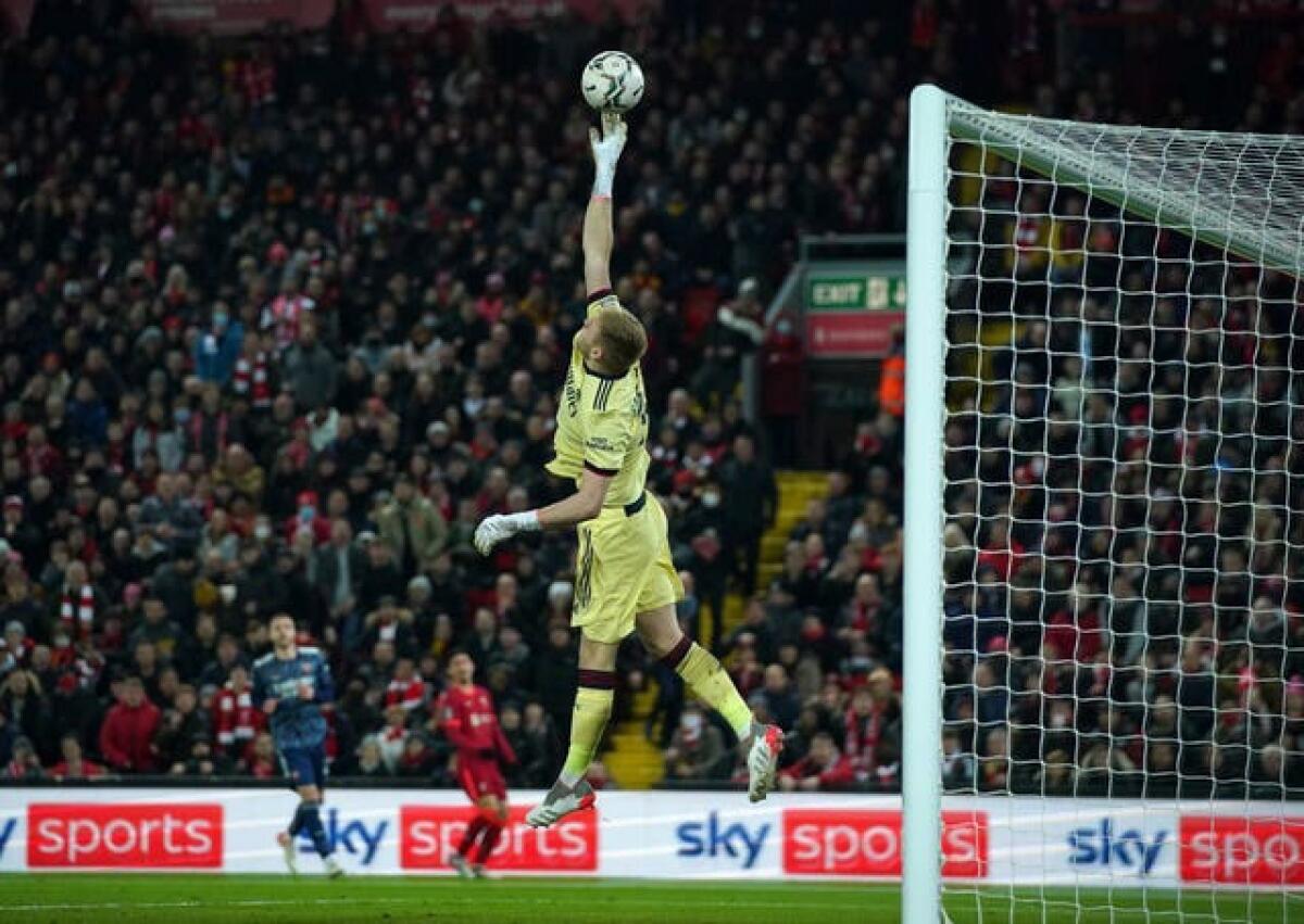 Arsenal goalkeeper Aaron Ramsdale makes a save