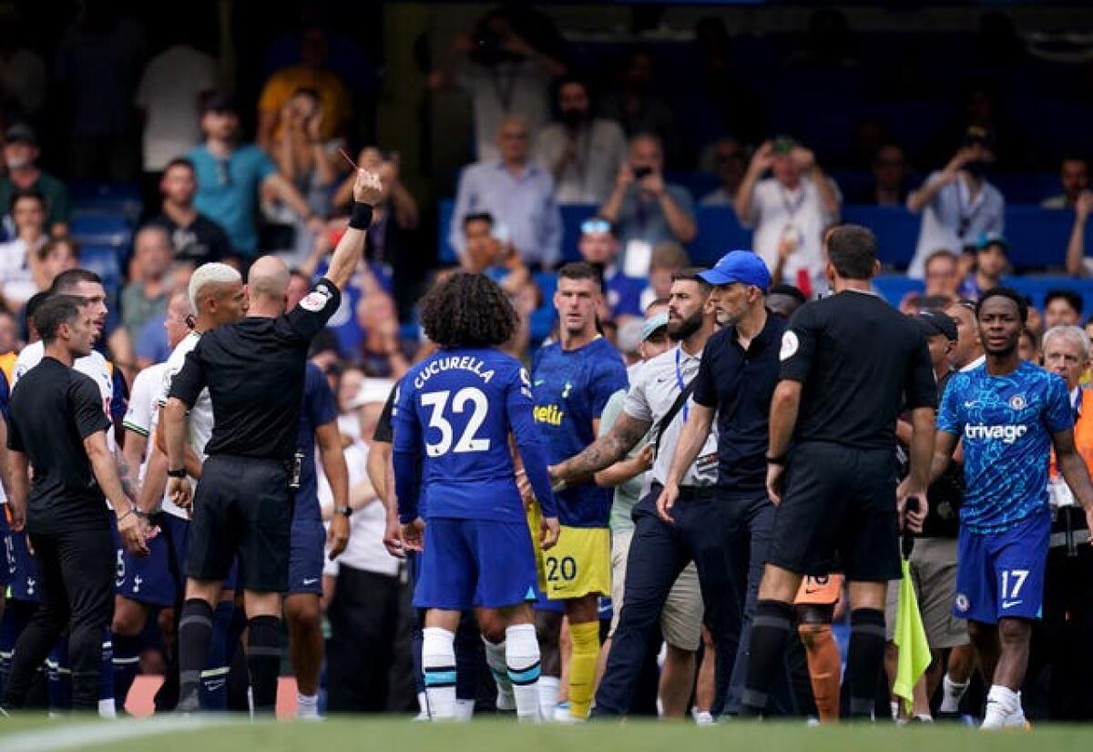 Thomas Tuchel, third right, is shown a red card following Chelsea's fiery 2-2 draw with Tottenham in August. Blues boss Tuchel and rival manager Antonio Conte were each given their marching orders by referee Anthony Taylor after the full-time whistle having clashed for a second time. Tuchel continued to grip Conte during the post-match handshake as he felt the Italian had been disrespectful by not looking at him. The German was “largely culpable” for the flash point, according to a subsequent Football Association investigation. Both men would depart their roles during the season