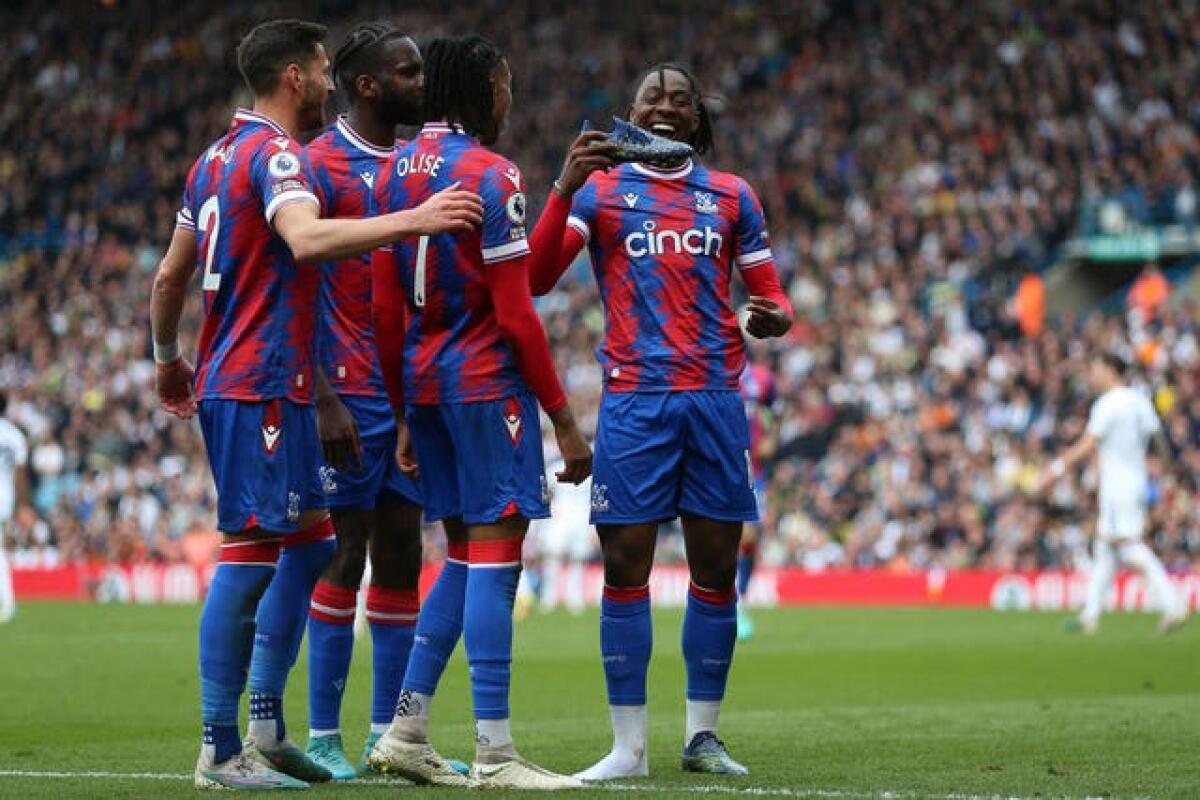Eberechi Eze, right, celebrates after scoring in Crystal Palace's 5-1 thrashing of Leeds in April. The 24-year-old attacking midfielder reached double figures for the first time in a Premier League season and ended a standout campaign in Gareth Southgate's England squad. Palace appeared to be in serious relegation danger going into the final two months of the season but secured survival with plenty to spare after the return of Roy Hodgson sparked a revival following a miserable run which led to the departure of Patrick Vieira