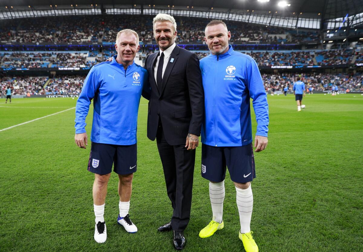Paul Scholes, David Beckham and Wayne Rooney at Soccer Aid for UNICEF in 2021